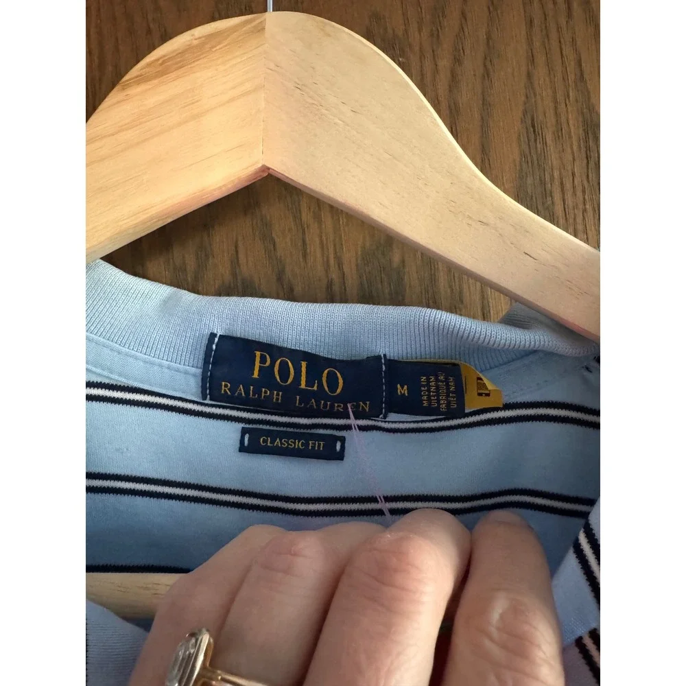 Polo‎ Ralph Lauren Mens Classic Fit Striped Polo Shirt Light Blue Navy Medium